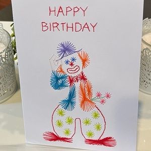 Hand embroidered clown birthday card